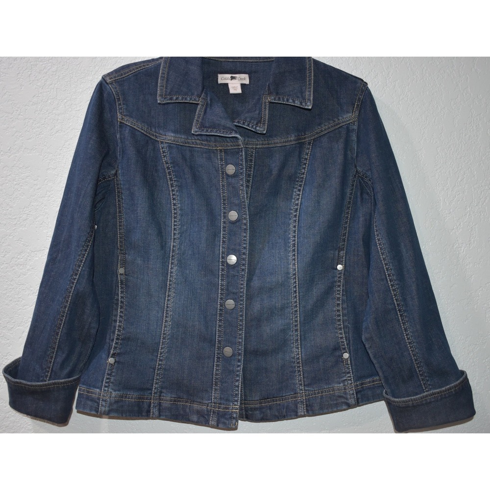 Coldwater Creek Denim Jacket Snap Front Cotton Stretch Blue P8 Petite Pockets
